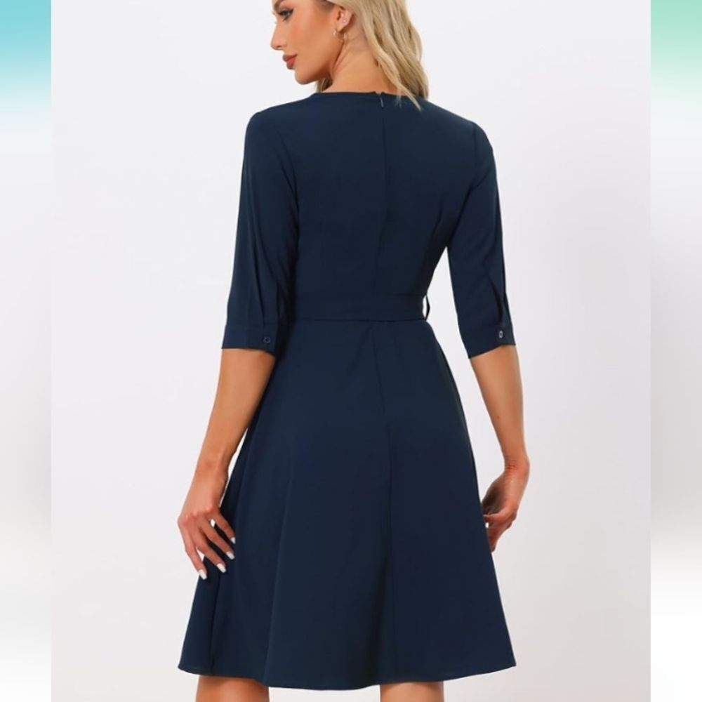 Allegra K Navy Blue Belted V Neck Dress with Pockets Size Medium NWT P2P 20 in - Picture 4 of 6